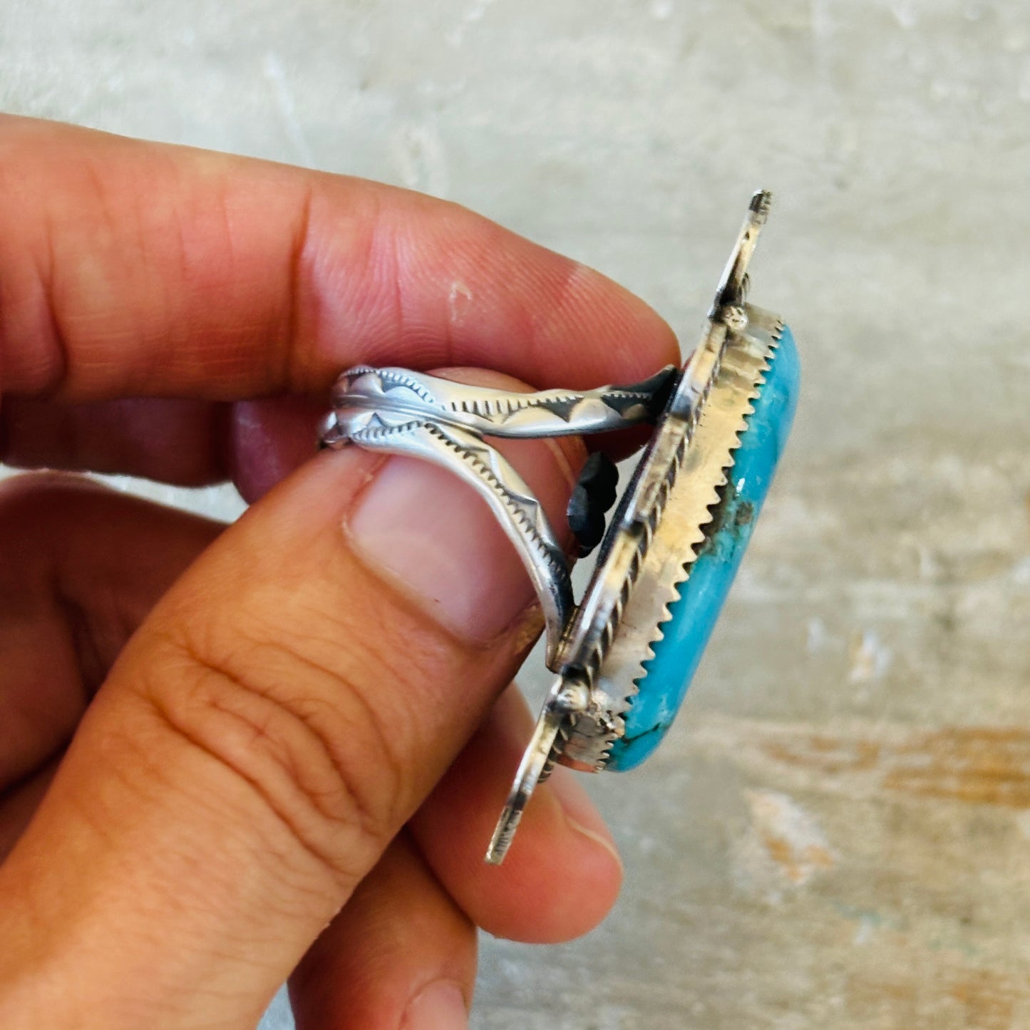 Navajo Tia Long Sterling Silver & Turquoise Ring