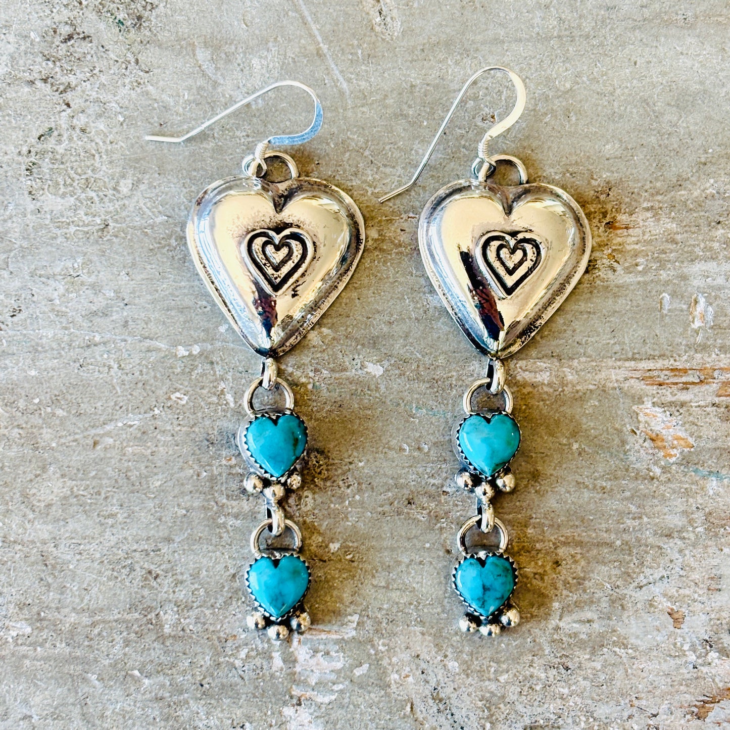 Navajo Hemerson Brown Sterling Silver & Kingman Turquoise Hearts Earrings
