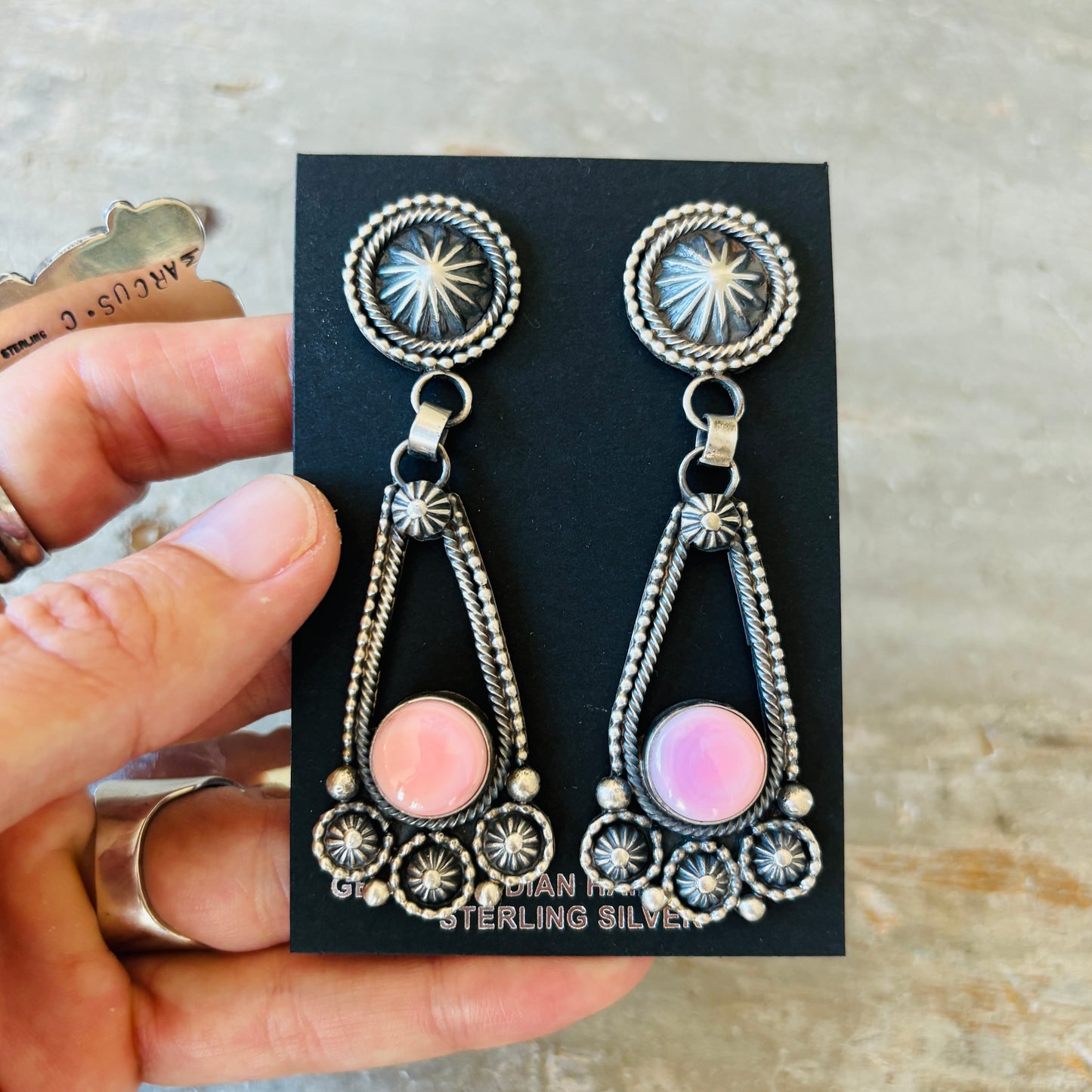 Navajo Hemerson Brown Sterling Silver & Pink Conch Statement Earrings