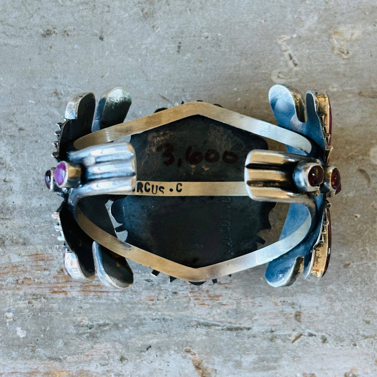 Navajo Marcus Chavez Sterling Silver Multi Stone Dragonfly Cobblestone Cuff