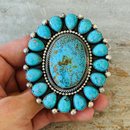 Navajo Hemerson Brown Sterling Silver & Kingman Turquoise Cluster Ring