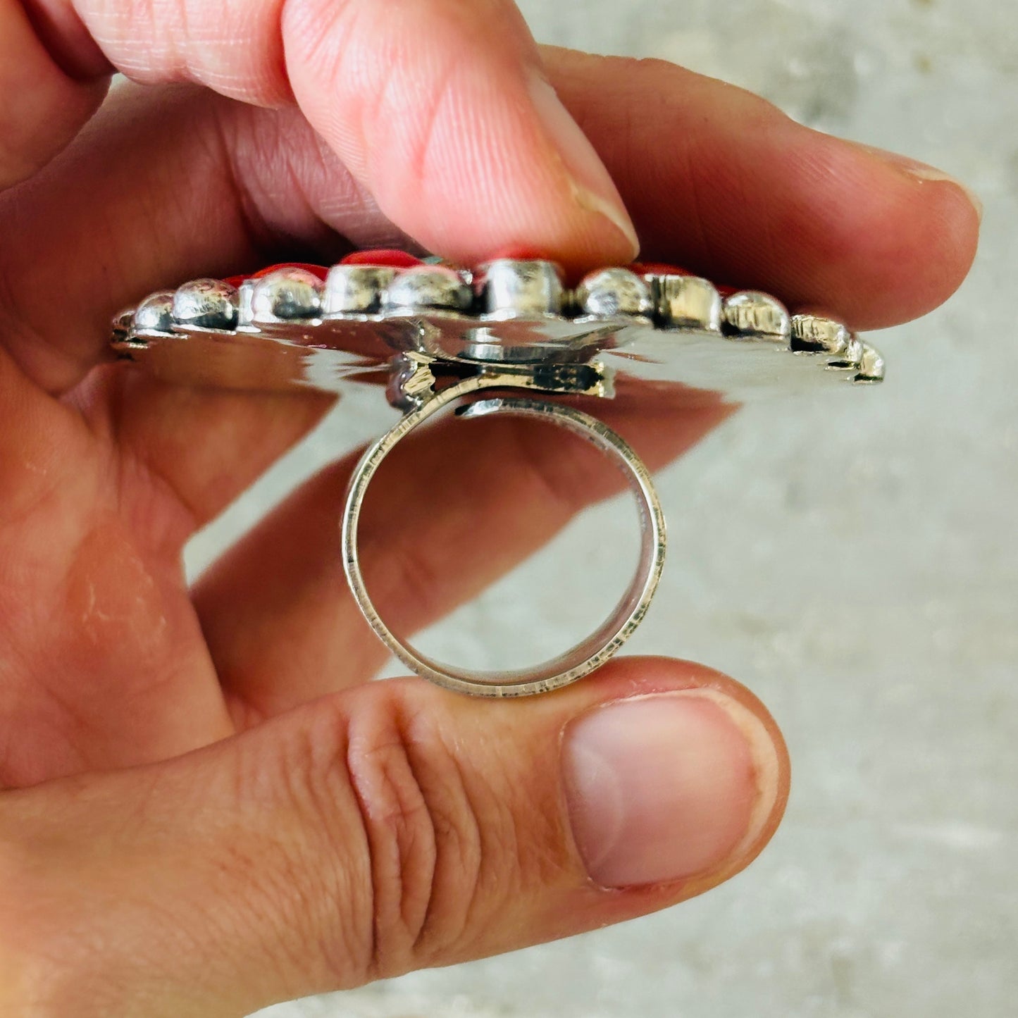 Navajo Hemerson Brown Sterling Silver - Red Coral & Sonoran Turquoise Cluster Ring