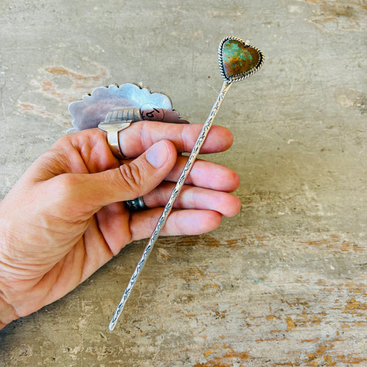 Navajo Lorenzo Ariviso Sterling Silver & Pilot Mountain Turquoise Heart Hair Pin