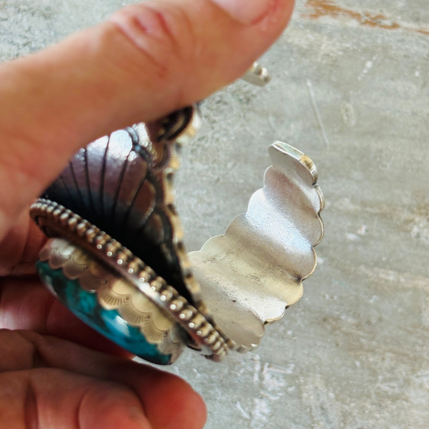 Navajo Glenn Livingston Sterling Silver & Kingman Turquoise Hearts Tufa Cast Cuff
