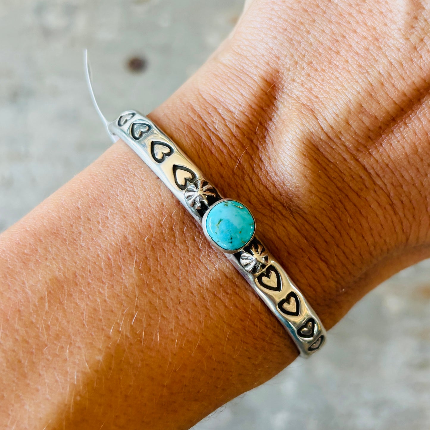 Navajo Darrell Cadman Sterling Silver & Lone Mountain Turquoise Hearts Stacker Cuff