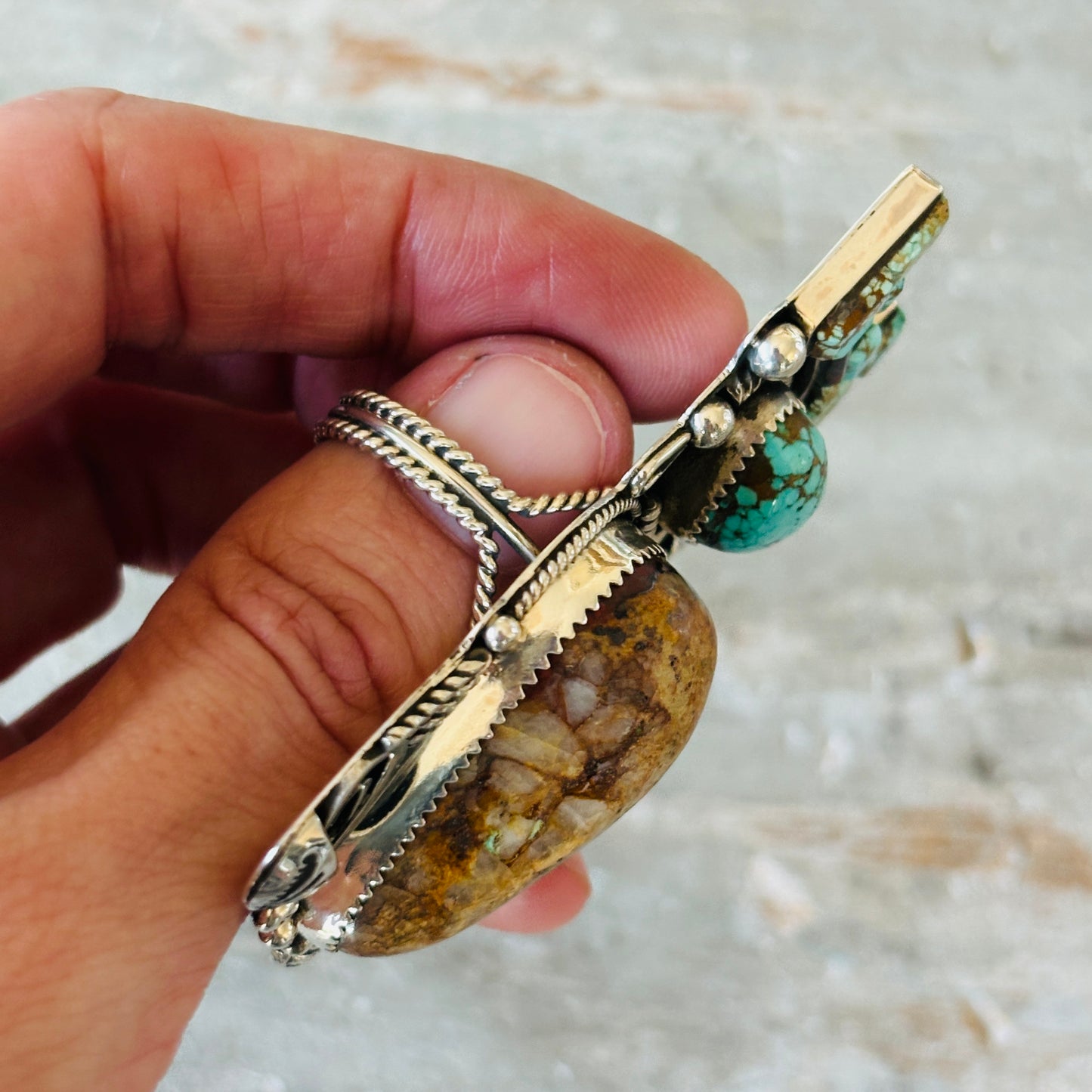 Navajo Bryan Tom Sterling Silver - Kingman - Lone Mountain Turquoise & Dinosaur Bone Maiden Ring