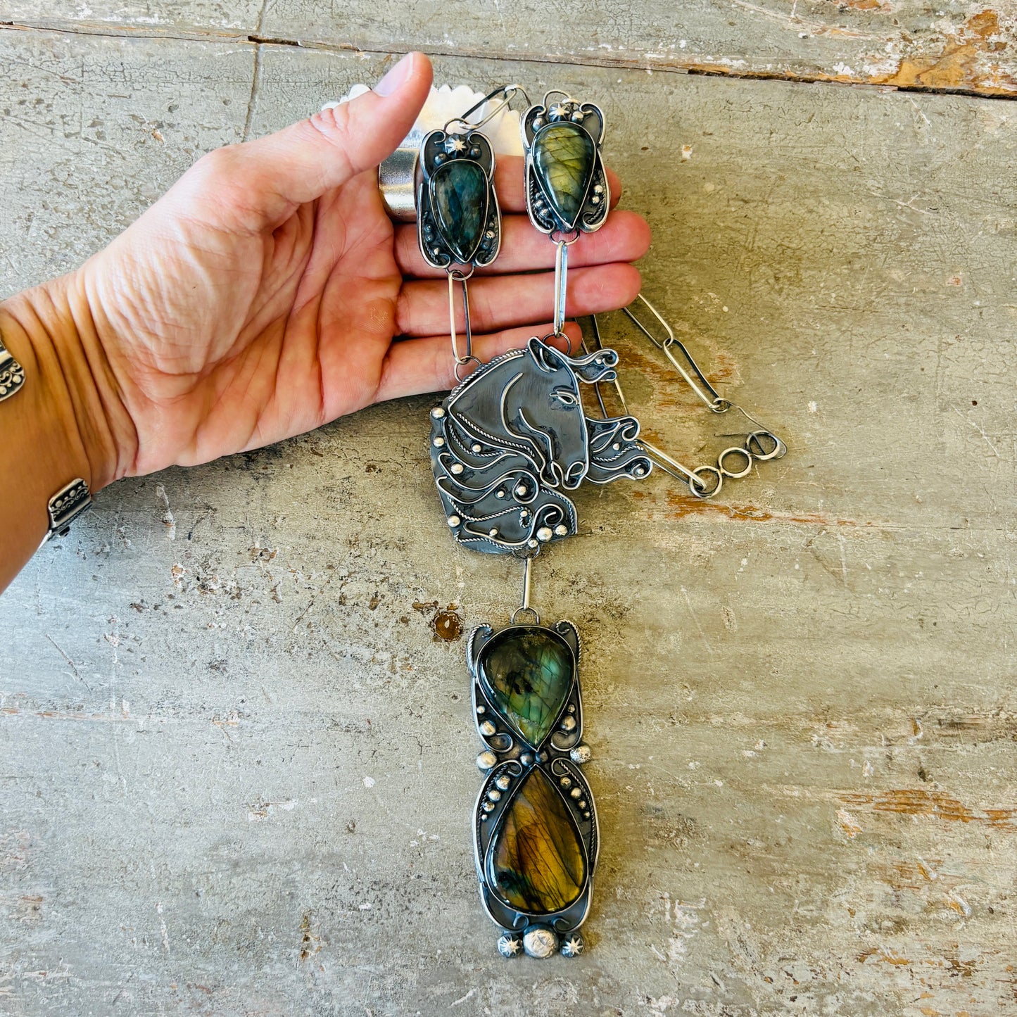 Navajo Miranda Willie Sterling Silver & Labradorite Horse Statement Necklace