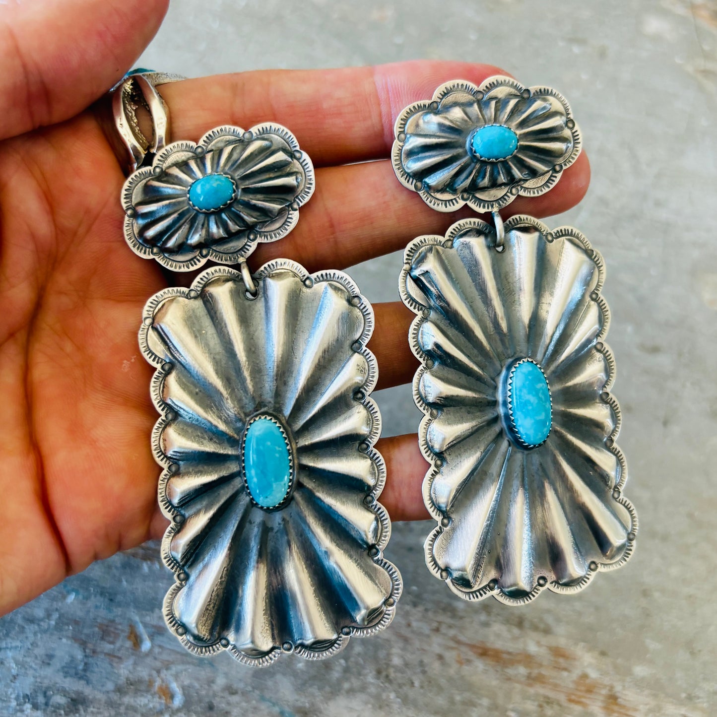 Navajo Glenn Livingston Sterling Silver & Waterweb Kingman Concho Earrings