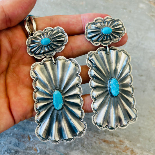 Navajo Glenn Livingston Sterling Silver & Waterweb Kingman Concho Earrings