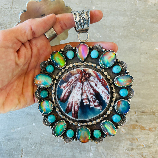 Navajo Kindale Billah Sterling Silver - Dichroic Glass & Campitos Turquoise Feathers Pendant