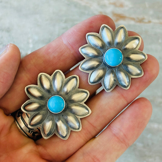 Navajo Robert Johnson Sterling Silver & Kingman Turquoise Repousse Floral Earrings