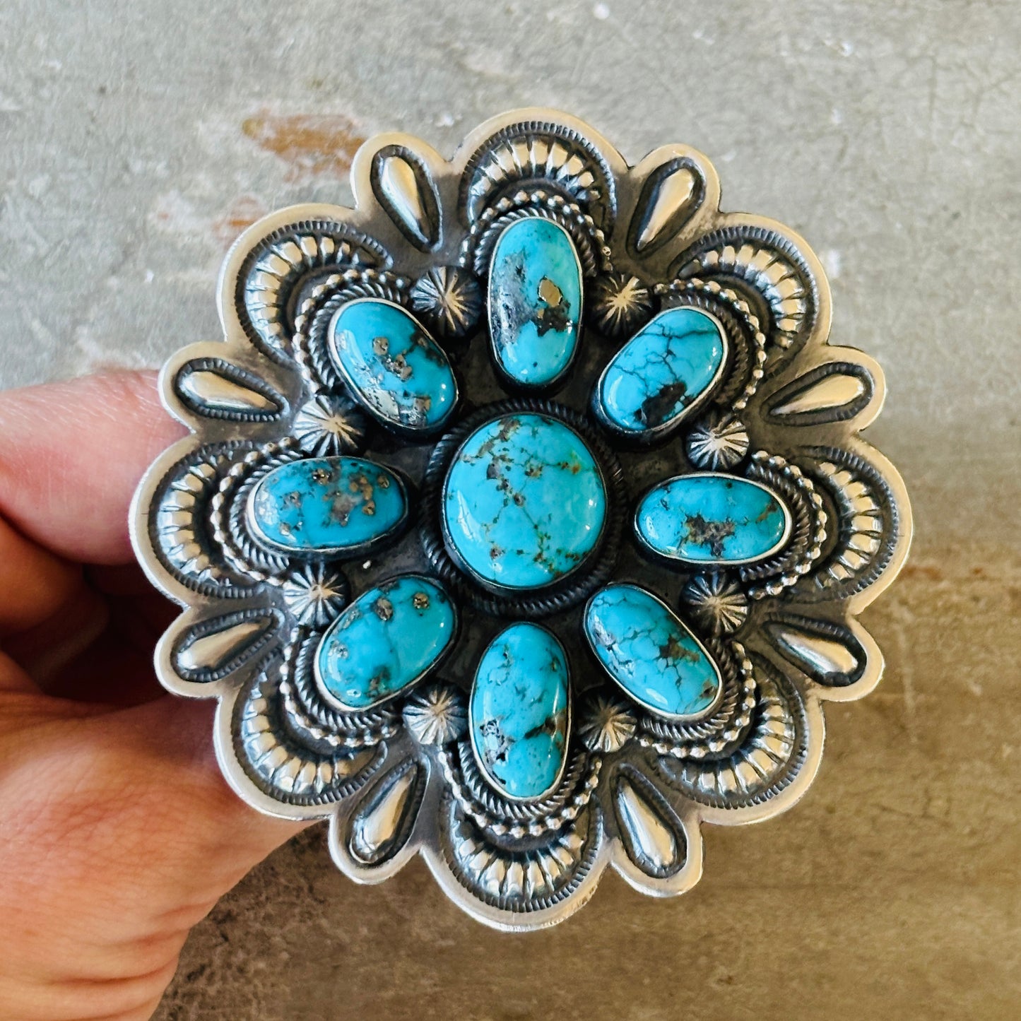 Navajo Leon Martinez Sterling Silver & Kingman Turquoise Cluster Statement Ring