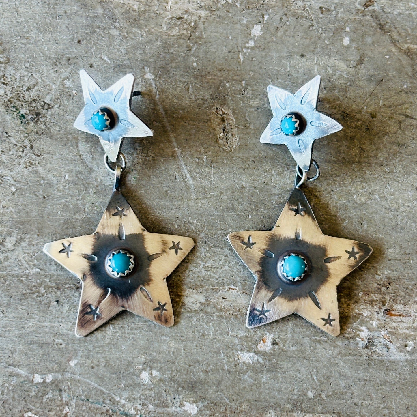 Navajo Pauline Nelson Sterling Silver & Kingman Turquoise Star Earrings