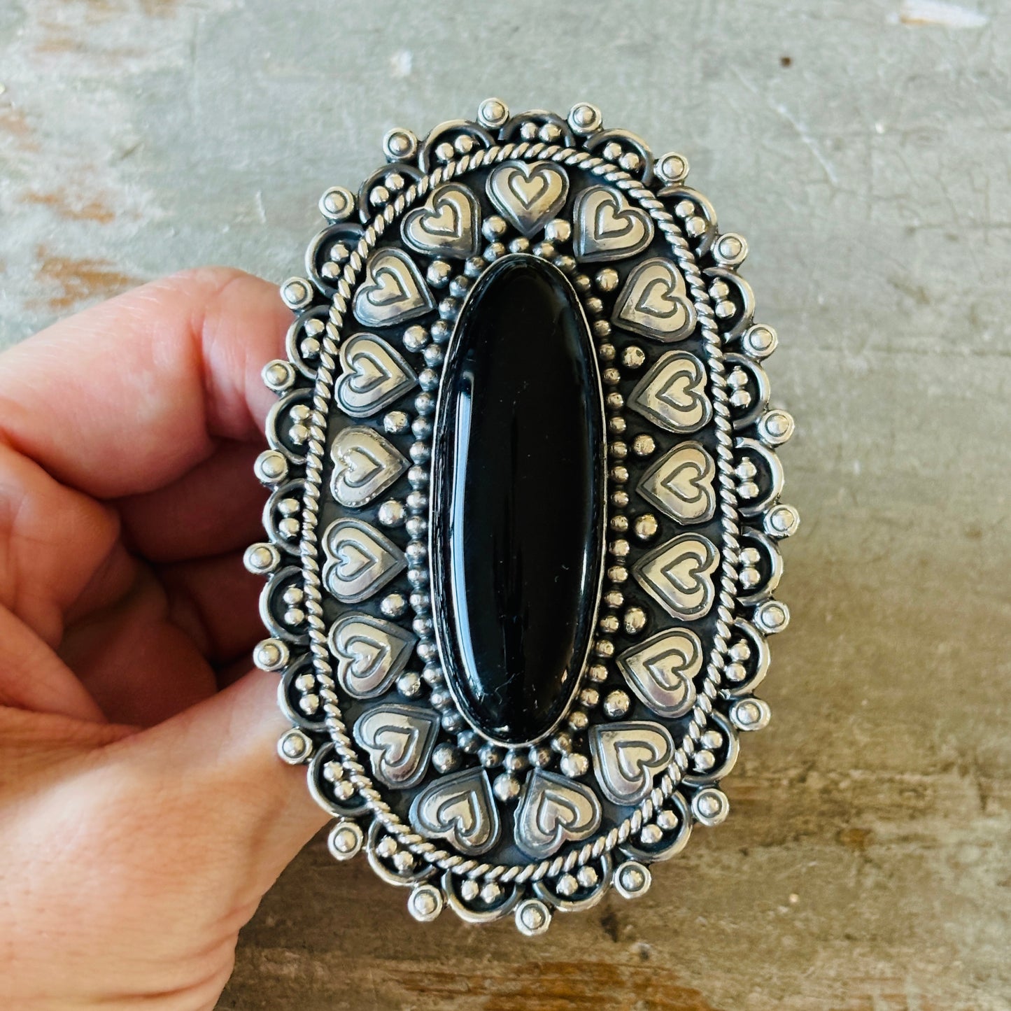 Navajo Hemerson Brown Sterling Silver & Black Onyx Hearts Statement Ring