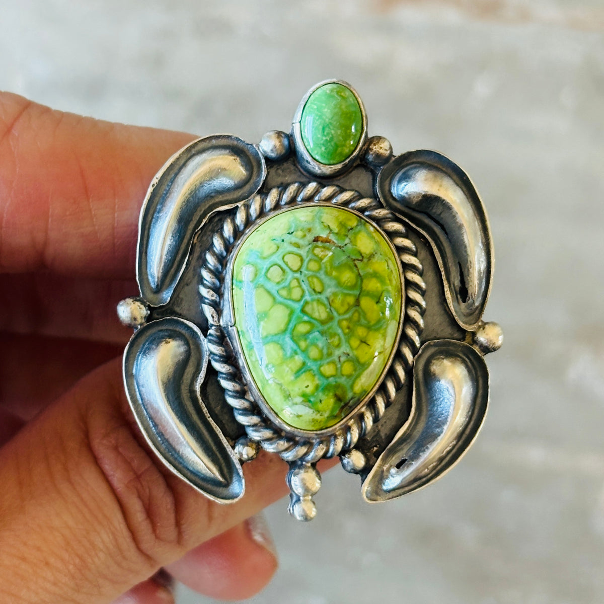 Navajo Kindale Billah Sterling Silver & Sonoran Turquoise Turtle Ring