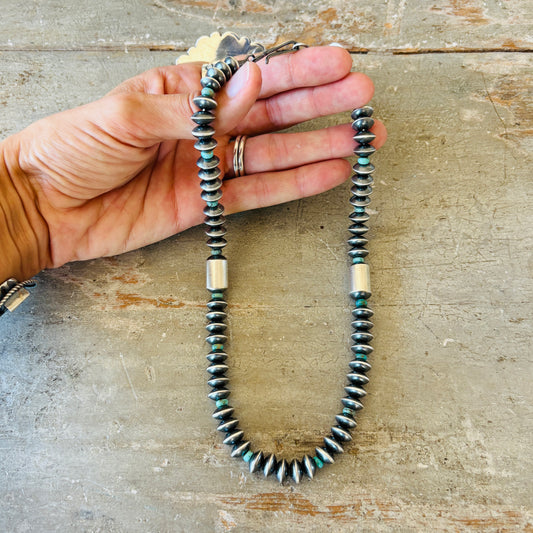 Navajo Tonisha Haley Sterling Silver & Campitos Turquoise 7mm Handmade Saucer - Tube Beads Pearl Necklace
