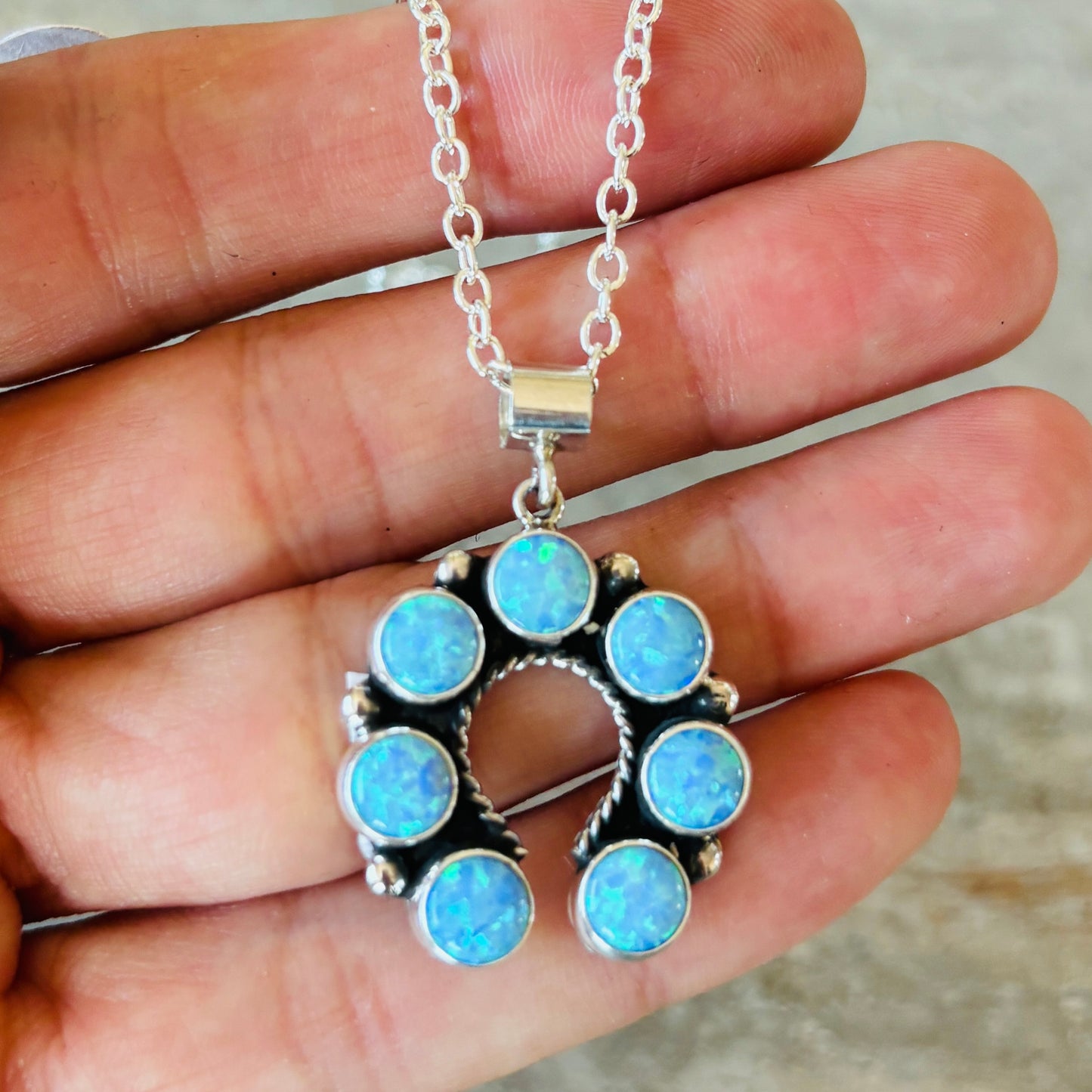 New Navajo Martin Perry Sterling Silver & Blue Lab Opal Naja Pendant