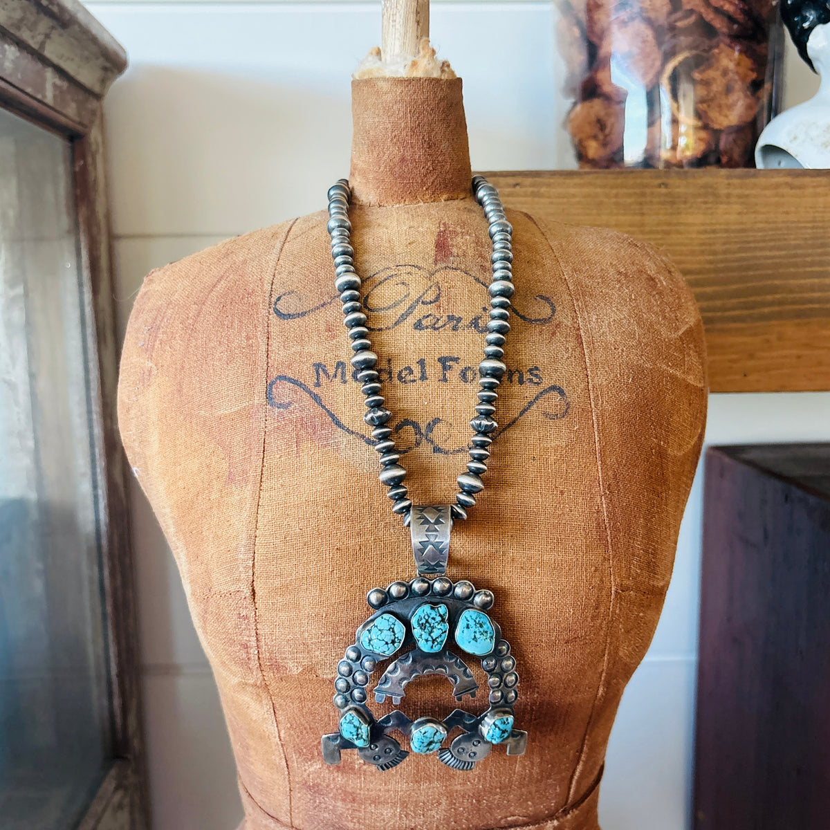 Navajo Shawn Cayatineto Sterling Silver & Turquoise Yei Statement Pendant