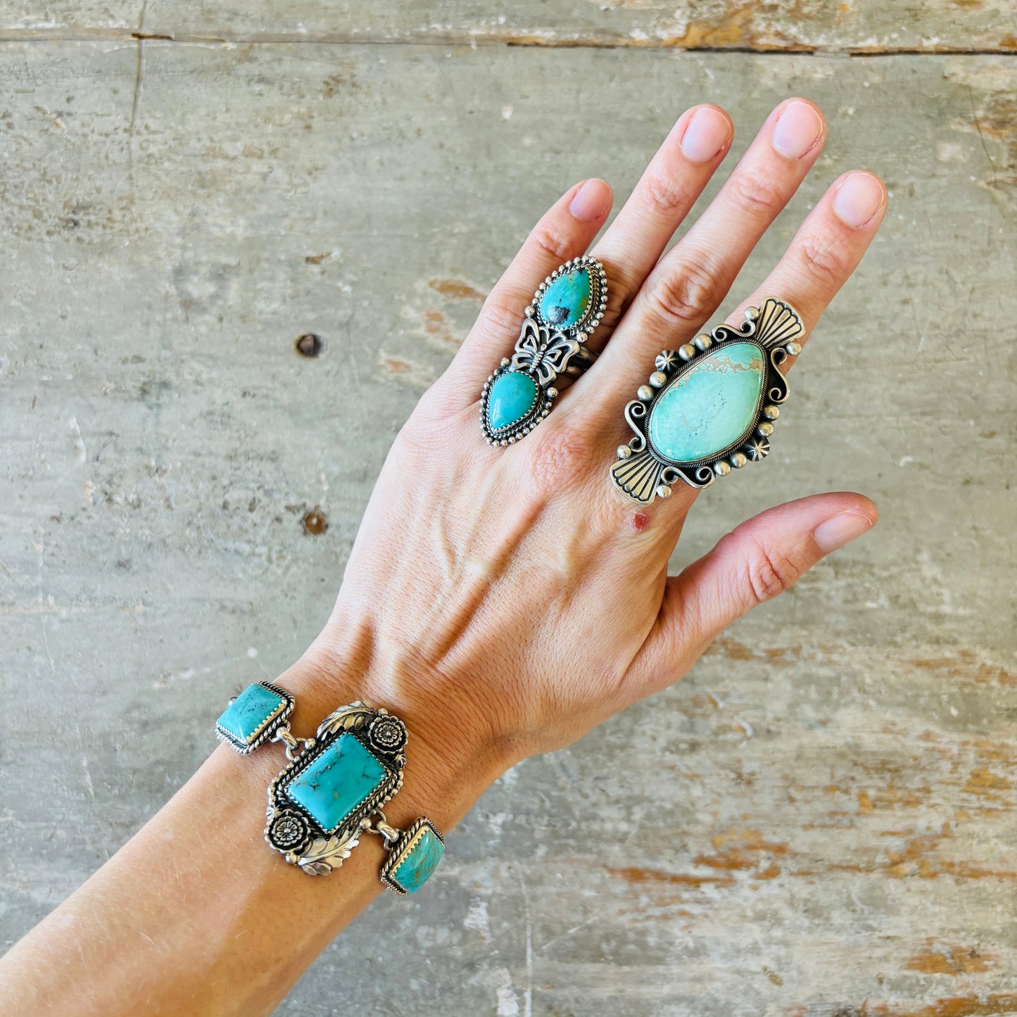 Navajo Brenda Jimenez Sterling Silver & Kingman Turquoise Floral Toggle Bracelet