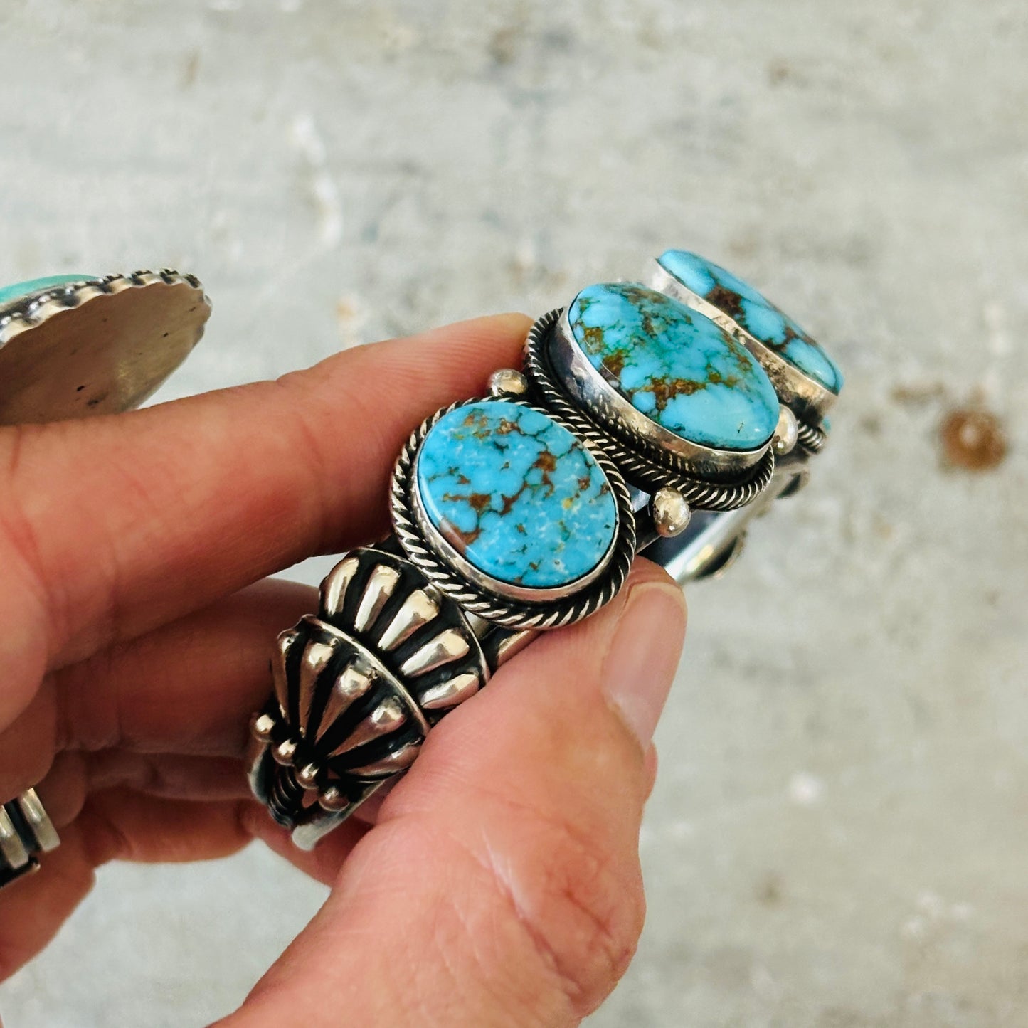 Navajo Hemerson Brown Sterling Silver & Web Kingman Turquoise Five Stone Cuff