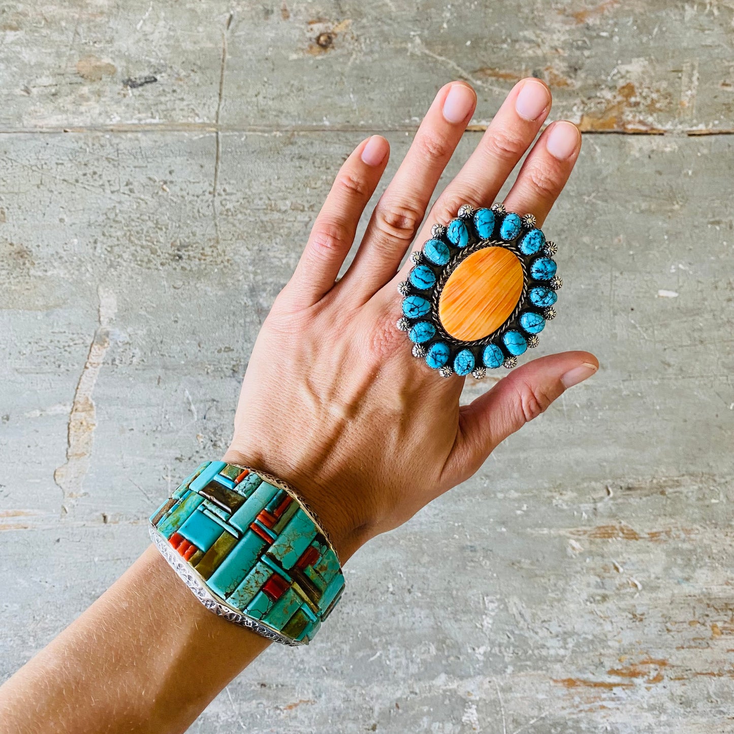 Navajo Lorenzo Jerilyn Chee Sterling Silver - Orange Spiny & Kingman Turquoise Cluster Ring