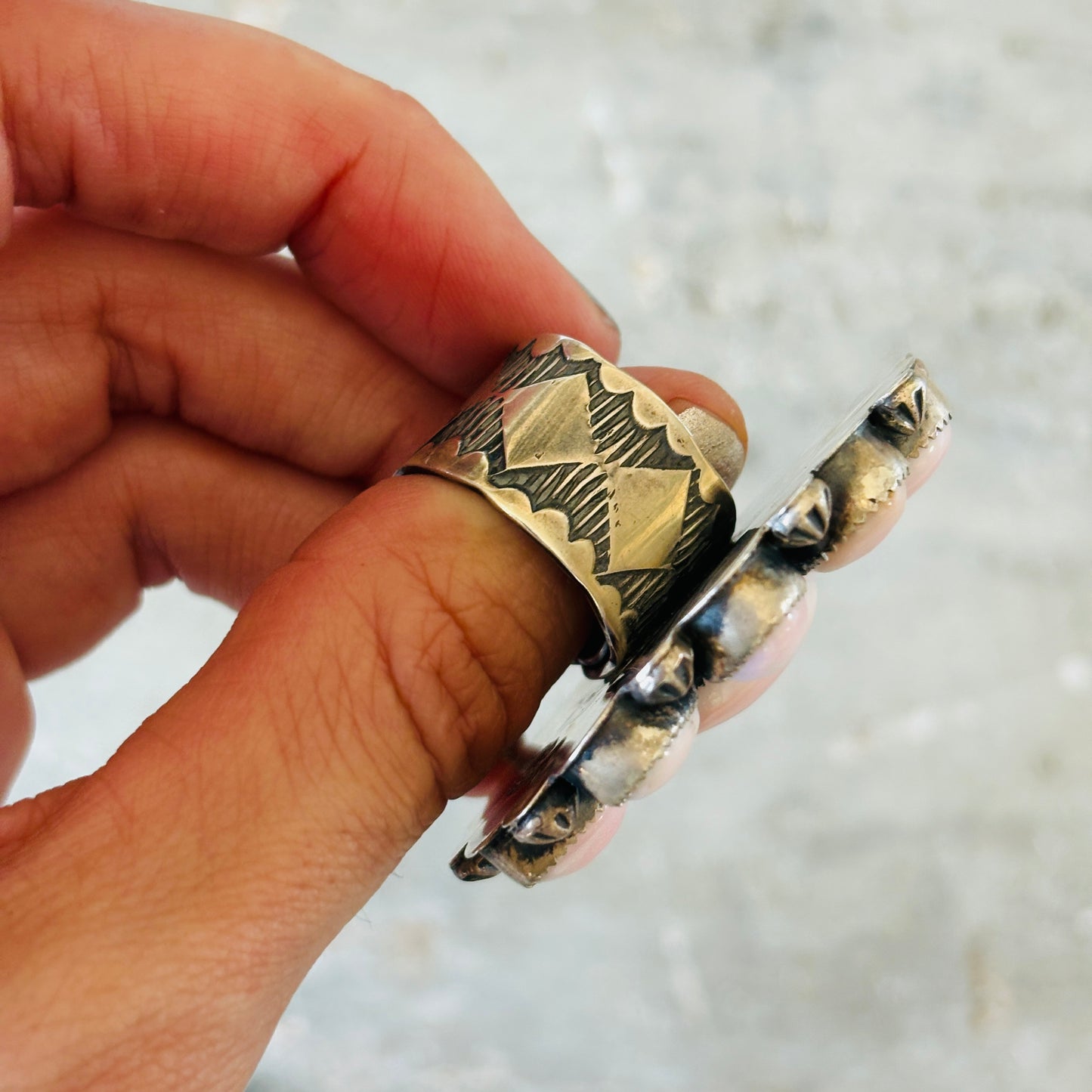Navajo Dustin Francisco Sterling Silver & Pink Conch Cluster Ring