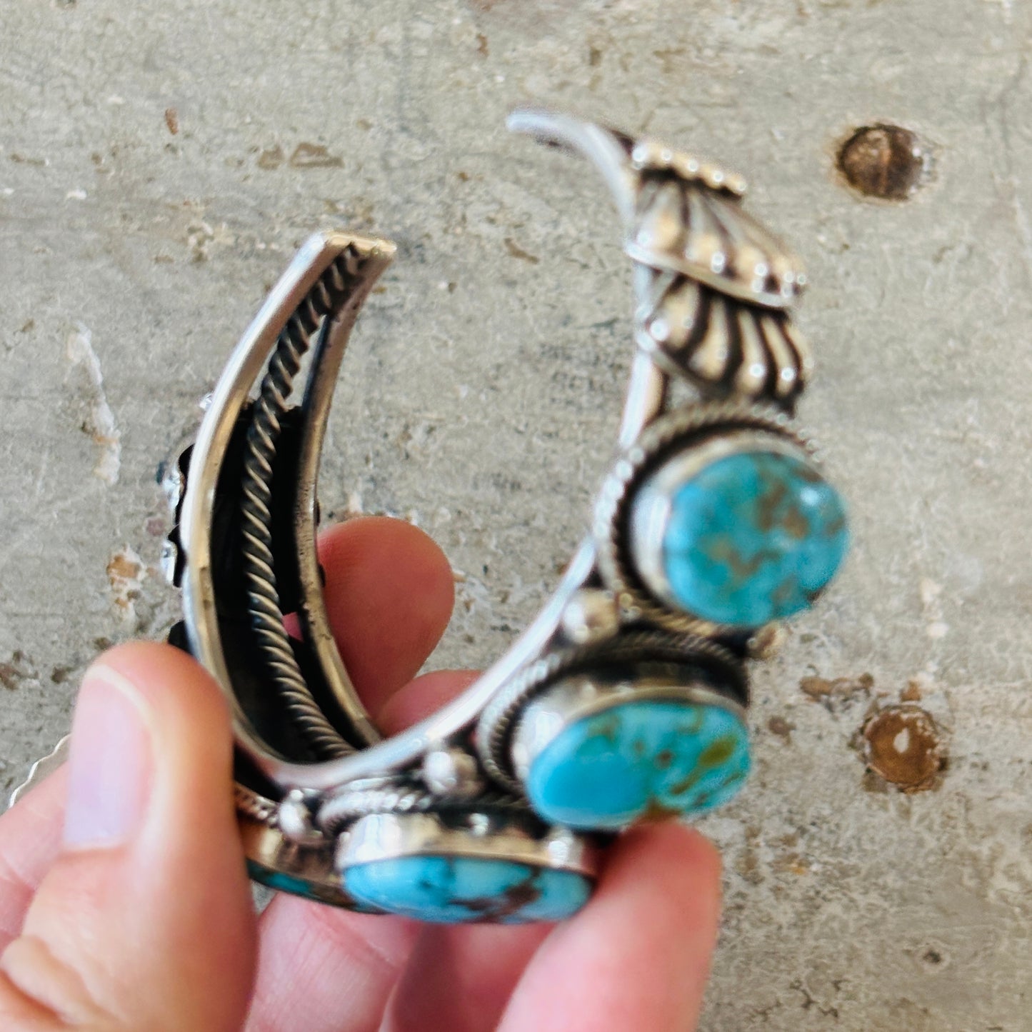 Navajo Hemerson Brown Sterling Silver & Web Kingman Turquoise Five Stone Cuff