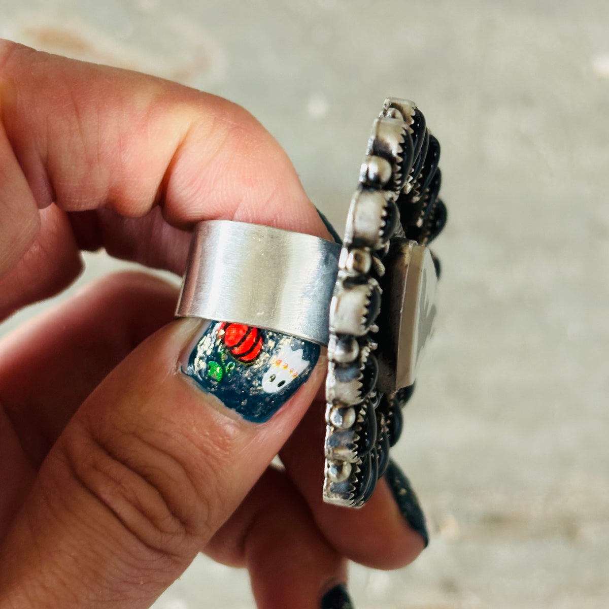 Navajo Kindale Billah Sterling Silver - Ceramic & Black Onyx Bat Ring