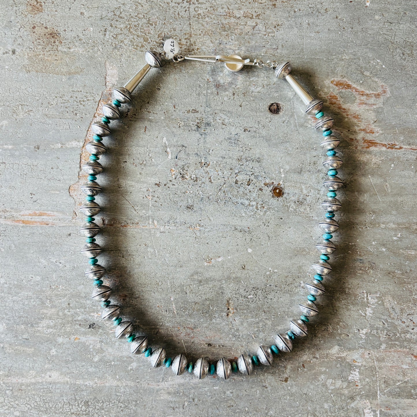 Navajo James McCabe Sterling Silver - Kingman Turquoise & Liberty Dime Beads Necklace