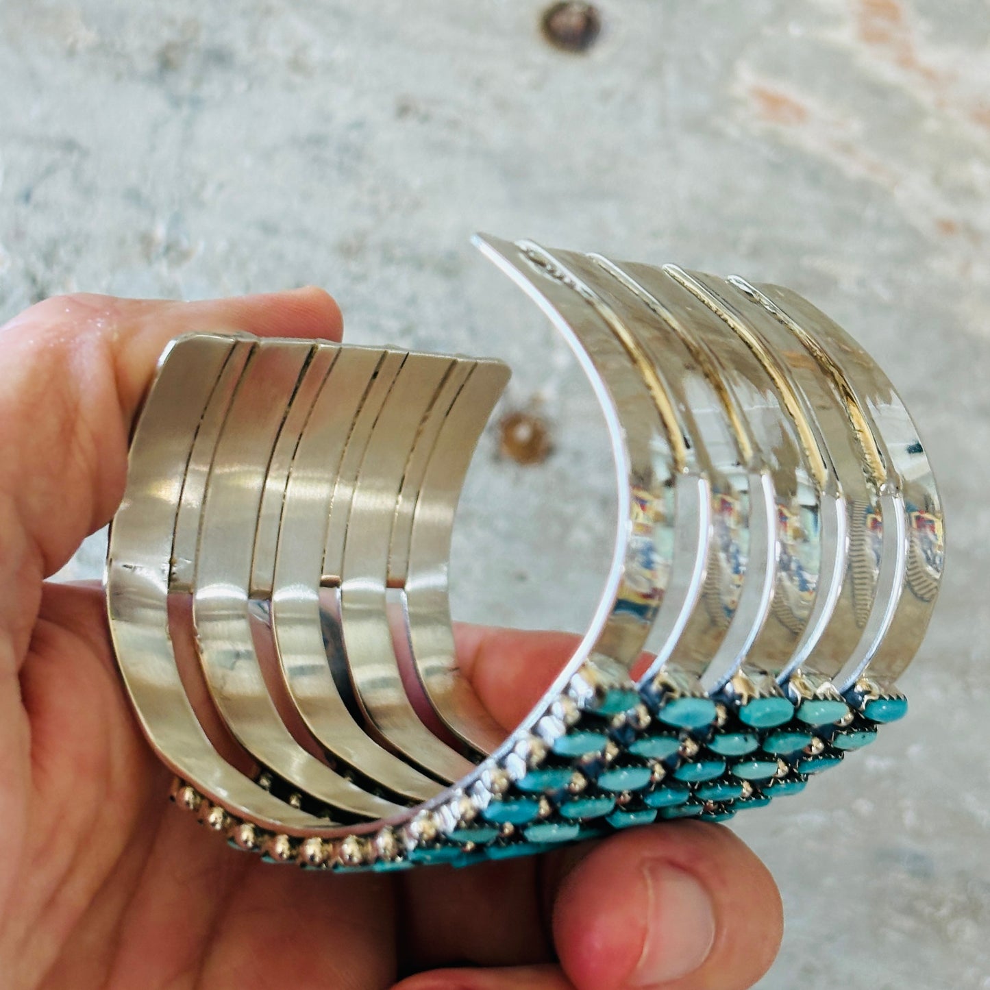 Zuni Veronica Martza Sterling Silver & Kingman Turquoise Five Row Statement Cuff