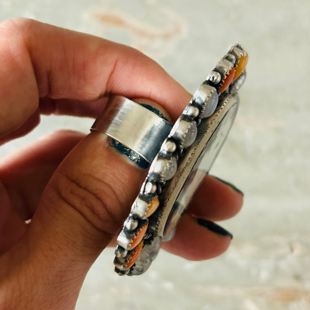 Navajo Kindale Billah - Ceramic - Orange Spiny Oyster & Moonstone Ghost Ring