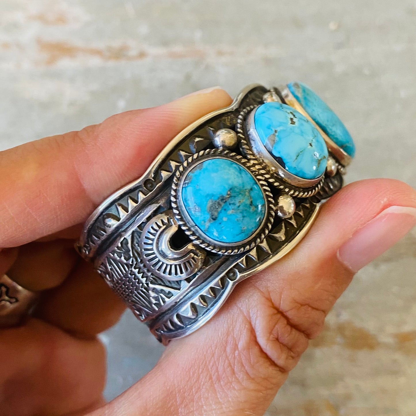 Navajo Darrell Cadman Sterling Silver & Kingman Turquoise 7 Stone Cuff