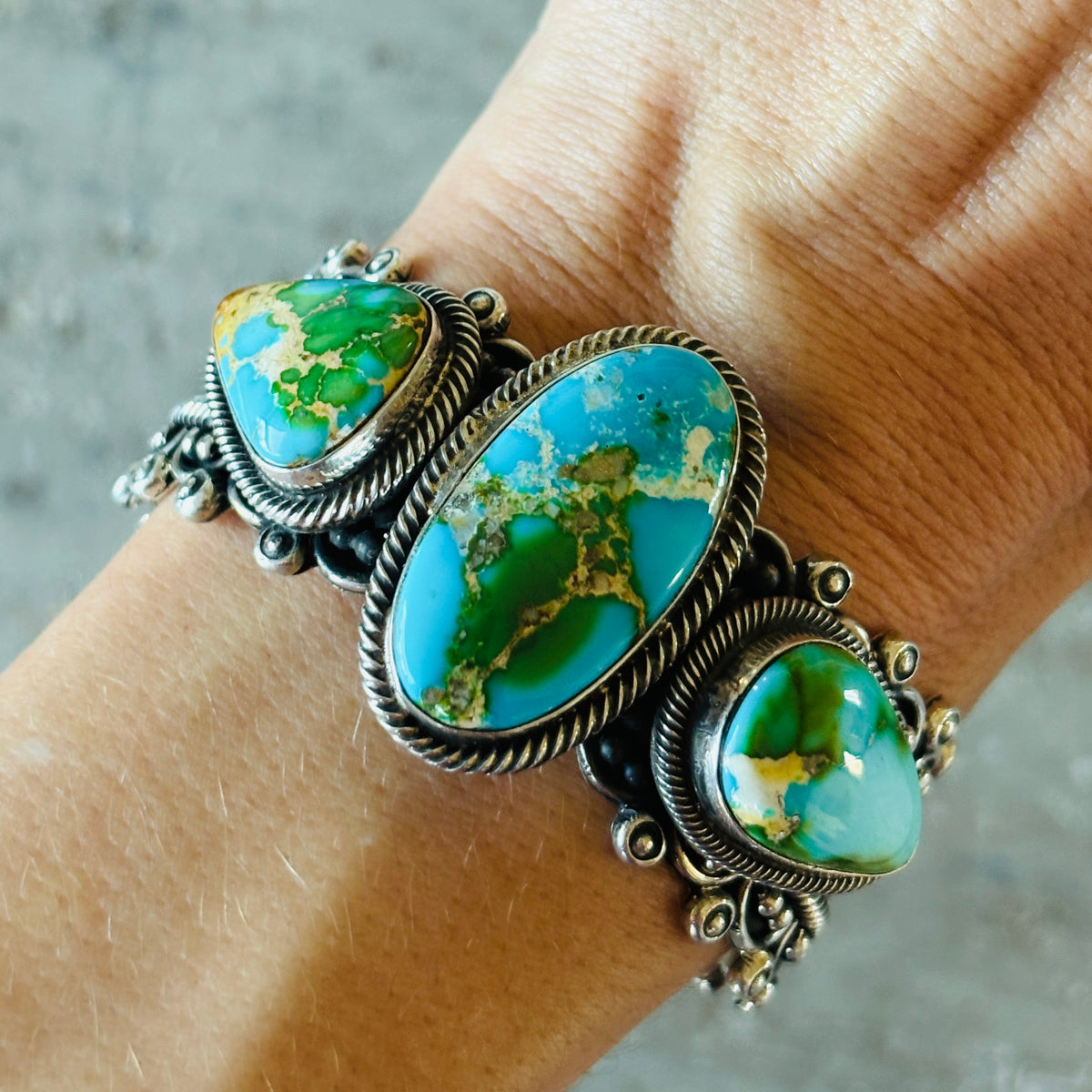 Navajo Hemerson Brown Sterling Silver & Sonoran Turquoise Three Stone Statement Cuff