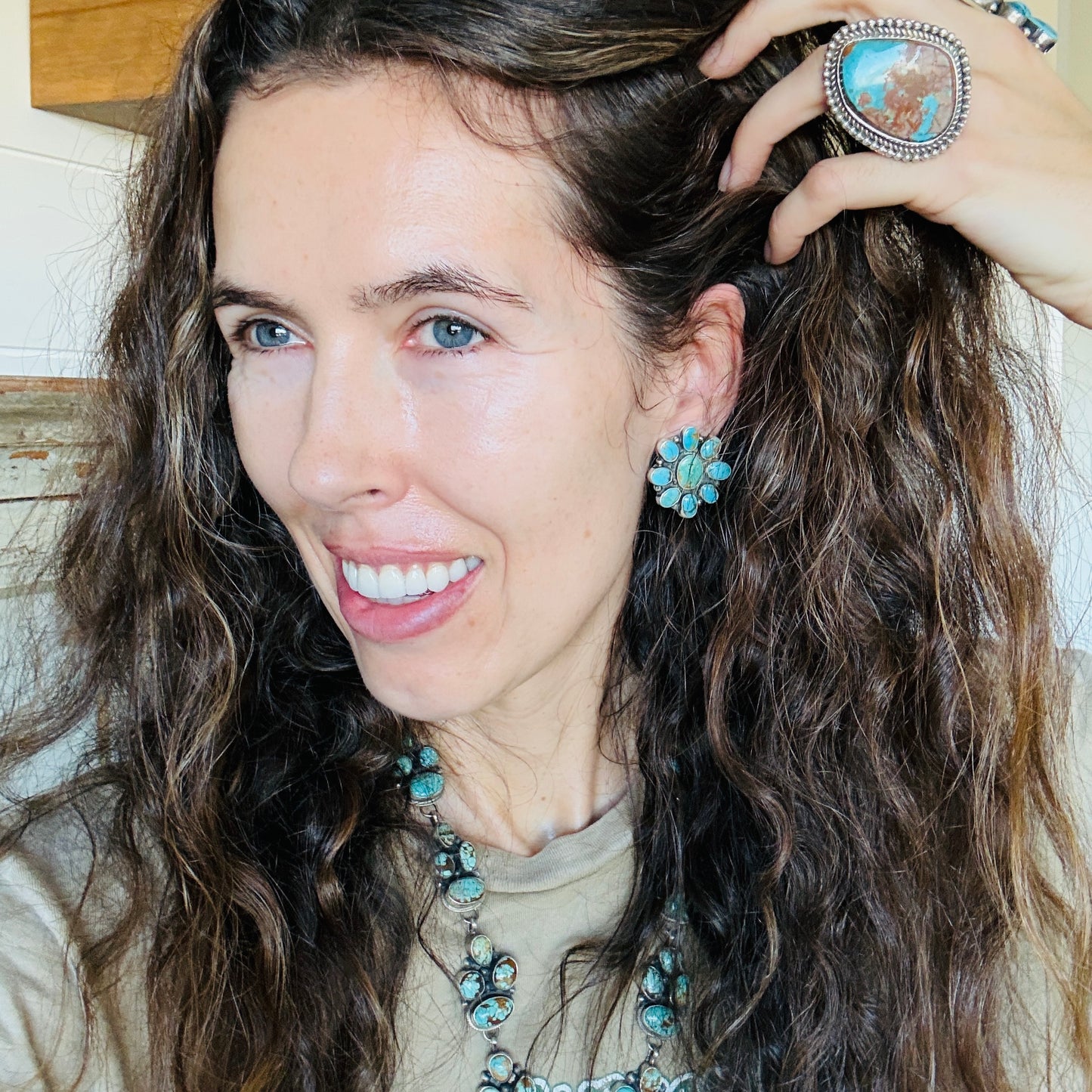 Navajo Sheila Becenti Sterling Silver & #8 Turquoise Cluster Statement Necklace Set