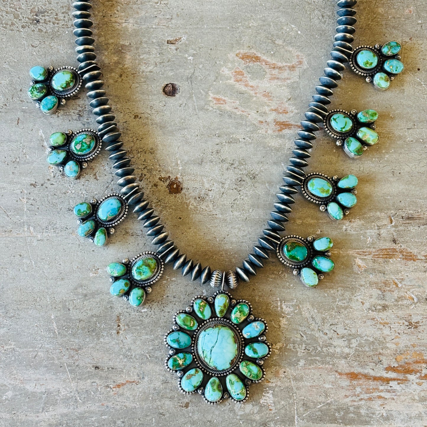 Navajo Hemerson Brown Sterling Silver & Sonoran Turquoise Handmade Saucer Pearls Statement Necklace