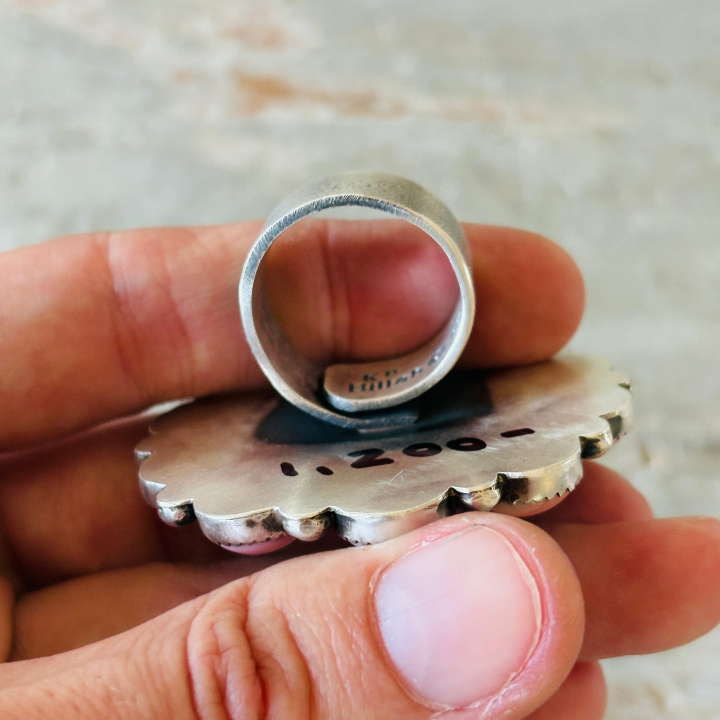 Navajo Kindale Billah Sterling Silver & Pink Conch Highland Cow Ring
