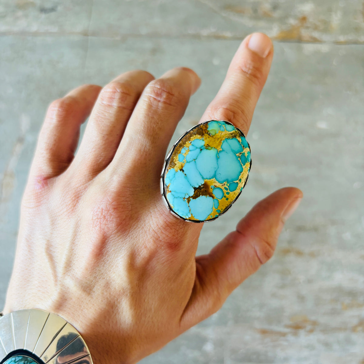 Navajo Ella Linkin Sterling Silver & Emerald Valley Turquoise Statement Ring