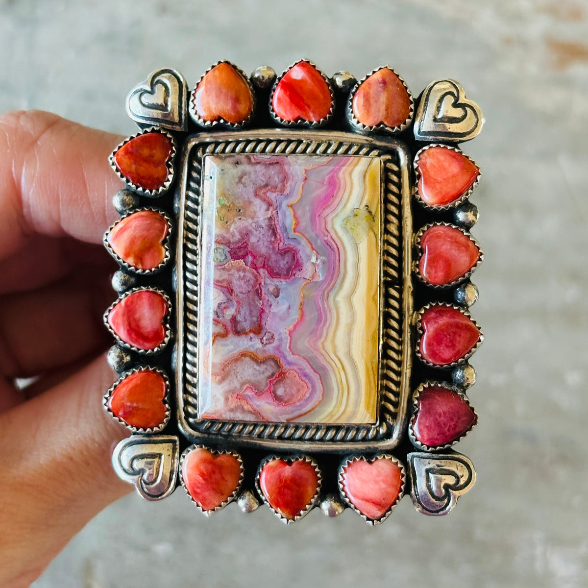Navajo Hemerson Brown Sterling Silver - Red Spiny Oyster & Rainbow Dyed Crazy Lace Agate Hearts Ring