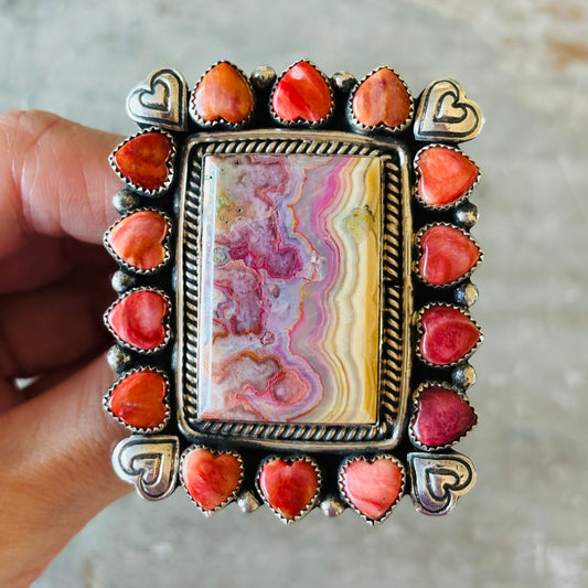 Navajo Hemerson Brown Sterling Silver - Red Spiny Oyster & Rainbow Dyed Crazy Lace Agate Hearts Ring