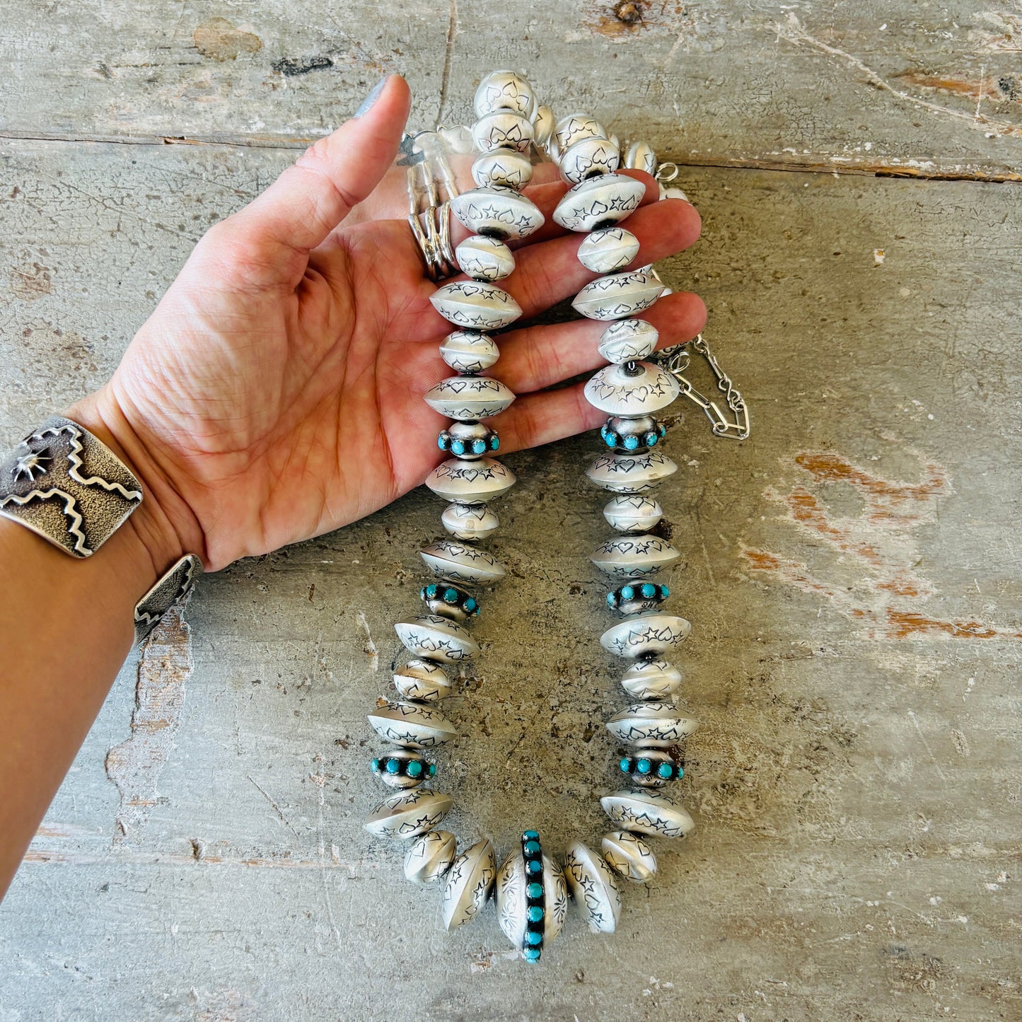 Navajo Monika Smith Sterling Silver & Kingman Turquoise Hearts - Stars Graduated Handmade Pearls