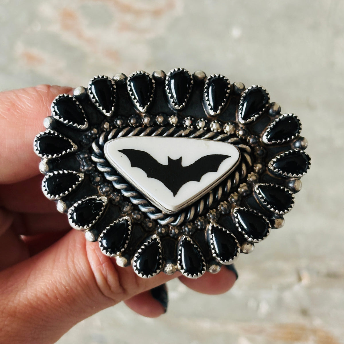 Navajo Kindale Billah Sterling Silver - Ceramic & Black Onyx Bat Ring