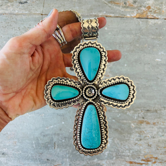 Navajo Melvin & Tiffany Jones Sterling Silver - Kingman Turquoise Cross Statement Pendant