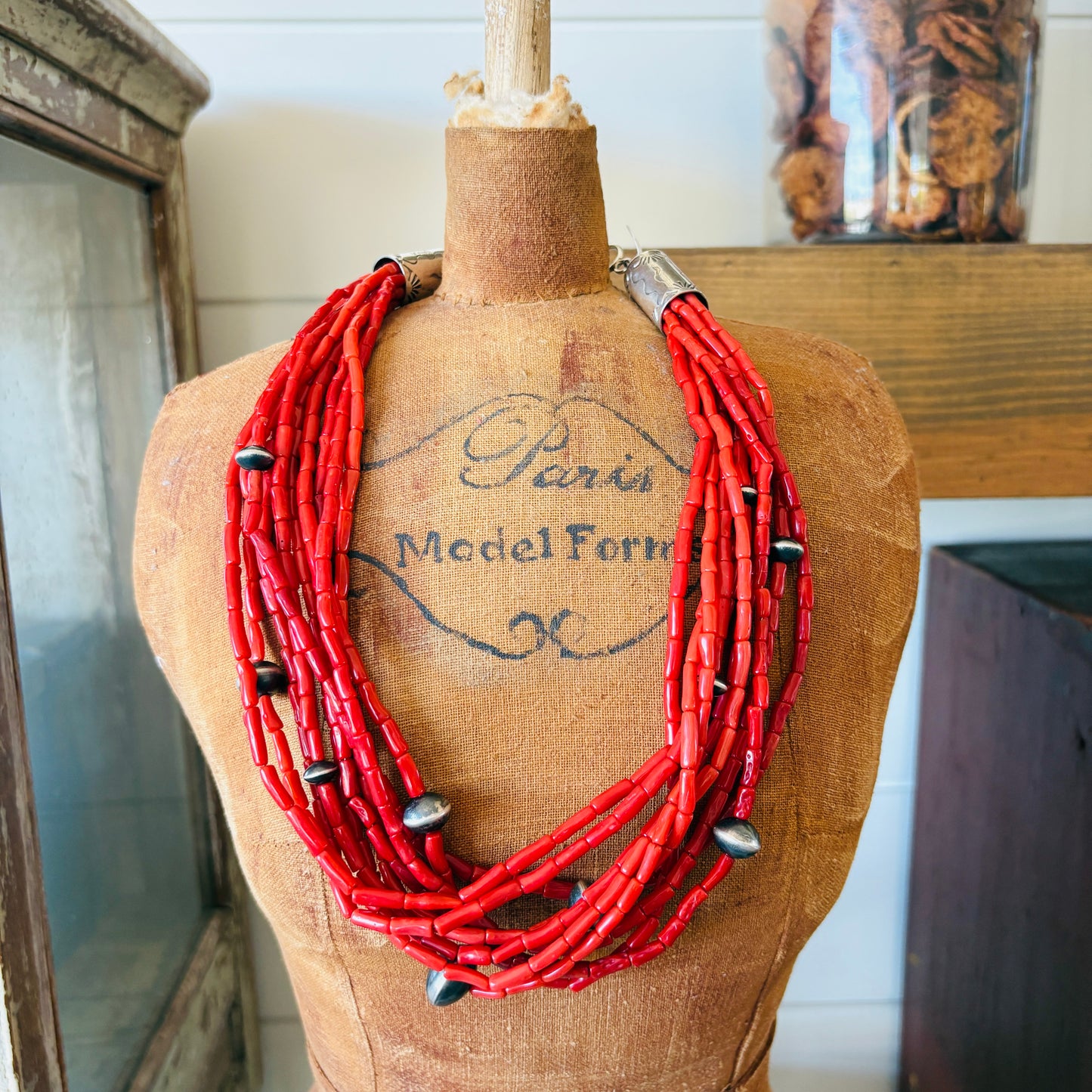 Navajo Tonya June Rafael Sterling Sterling & Red Coral 10 Strand Handmade Pearls Statement Necklace