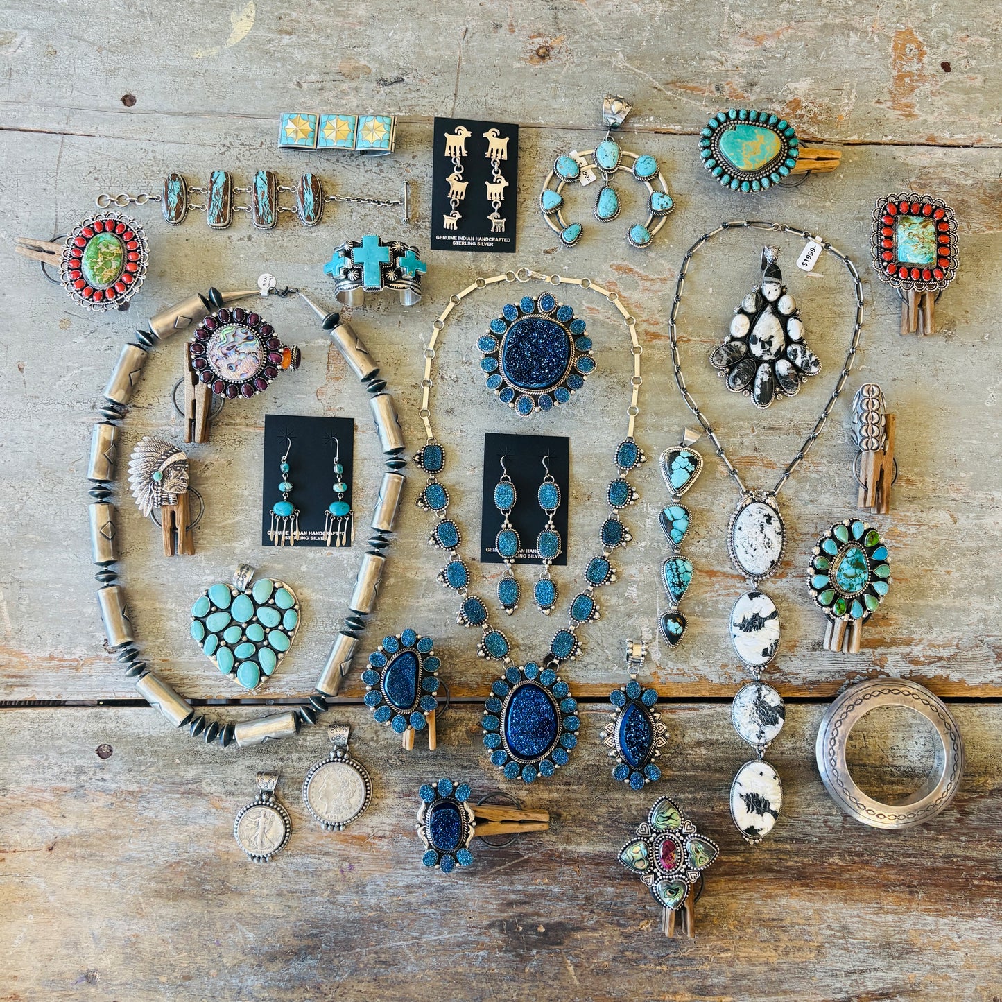 Navajo Glenn Livingston Sterling Silver & Mixed Turquoise Cluster Ring