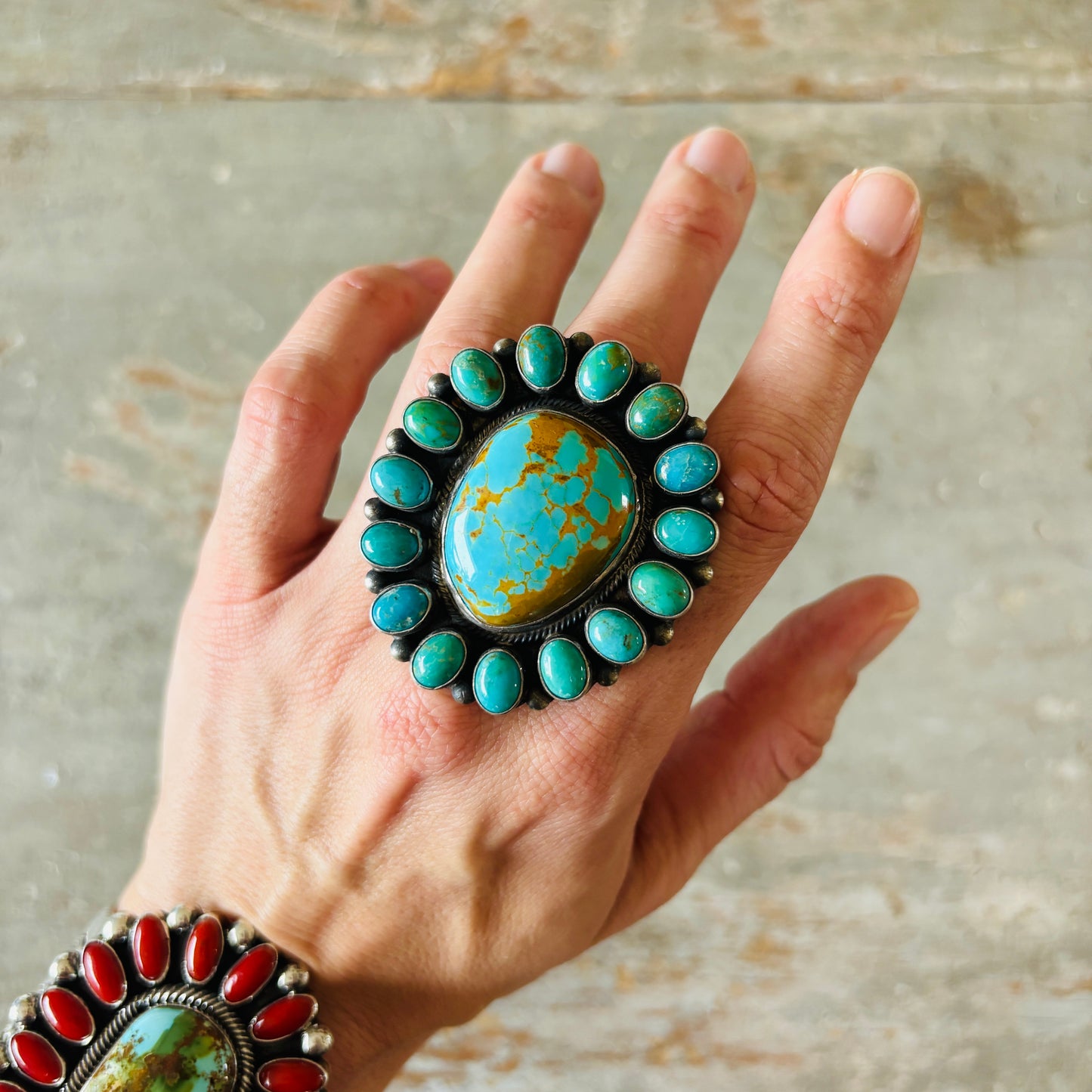 Navajo Kathleen Chavez Sterling Silver - Sonoran & Kingman Cluster Ring