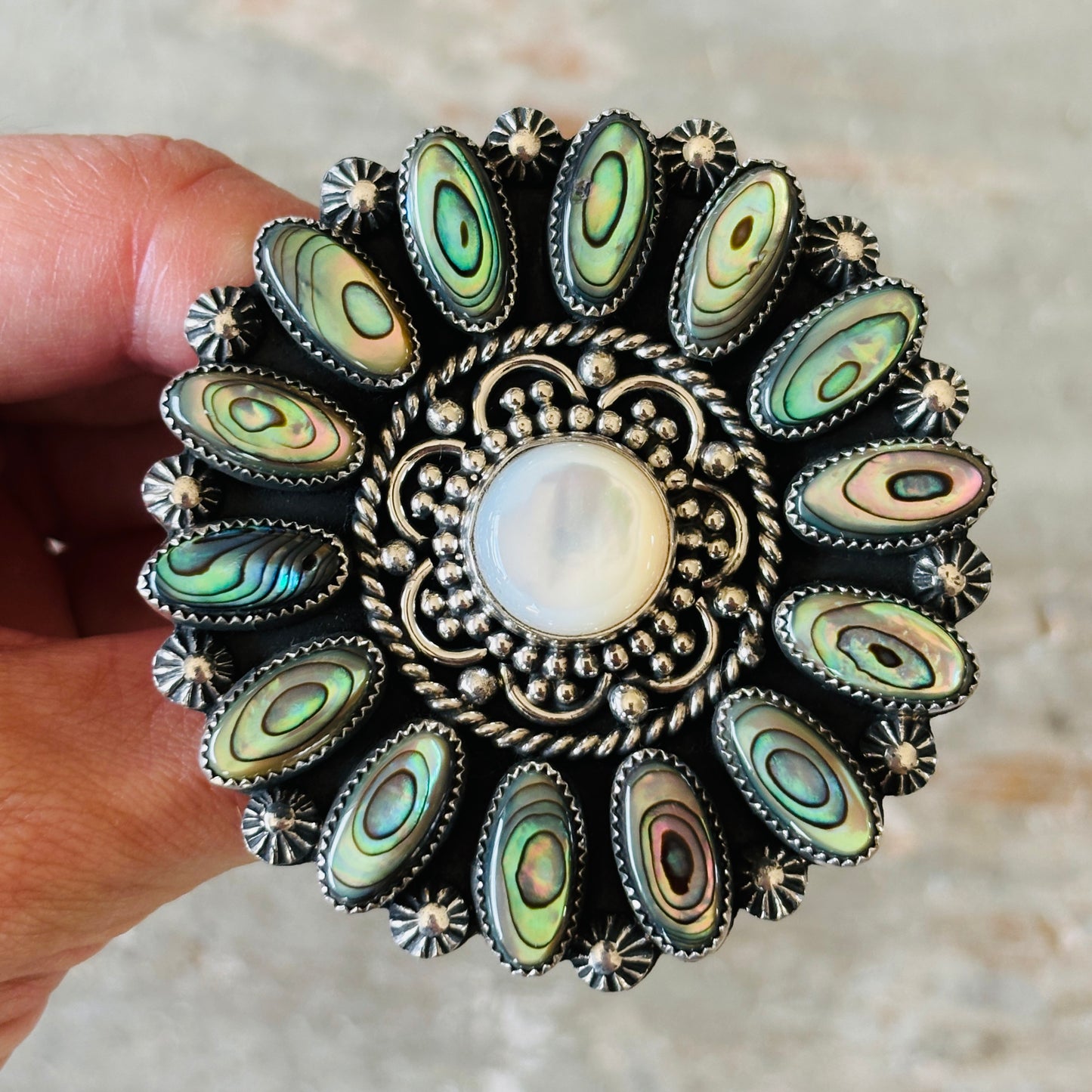 Navajo Hemerson Brown Sterling Silver - MOP & Abalone Shell Cluster Statement Ring