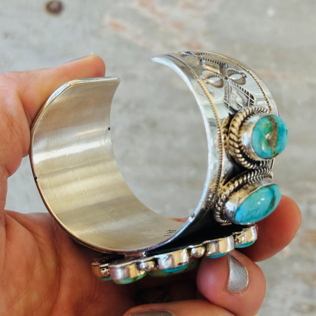 Navajo Hemerson Brown Sterling Silver & Sonoran Turquoise Cluster Statement Cuff