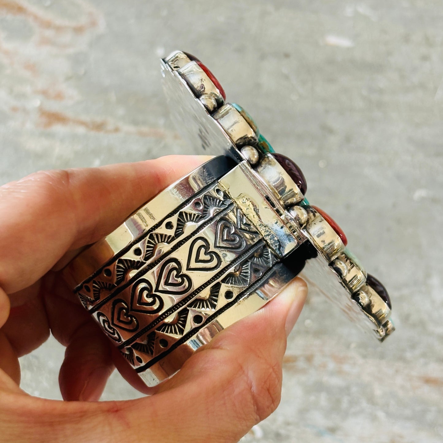 Navajo Hemerson Brown Sterling Silver - Orange - Purple Spiny & Kingman Turquoise Heart Cobblestone Cuff