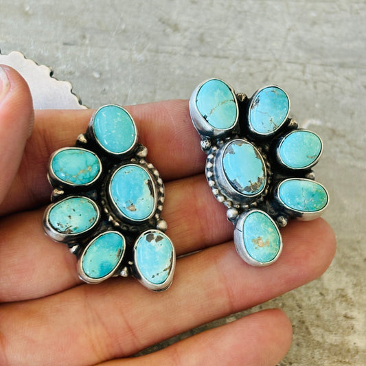 Navajo Lydia Begay Sterling Silver & Kingman Cluster Earrings