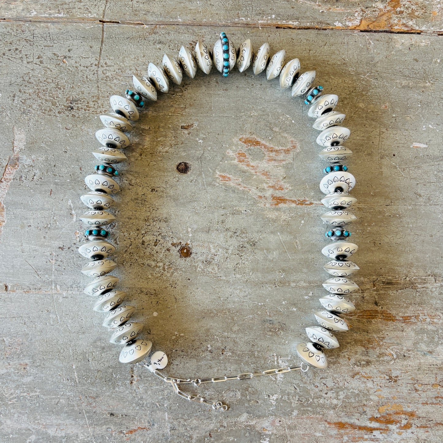 Navajo Monika Smith Sterling Silver & Kingman Turquoise Hearts Graduated Handmade Pearls